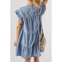 Beau Blue Ruffle Short Sleeve Tiered A-line Denim Dress - Modestly Vogue