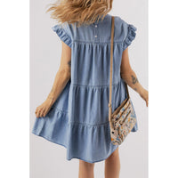 Beau Blue Ruffle Short Sleeve Tiered A-line Denim Dress - Modestly Vogue