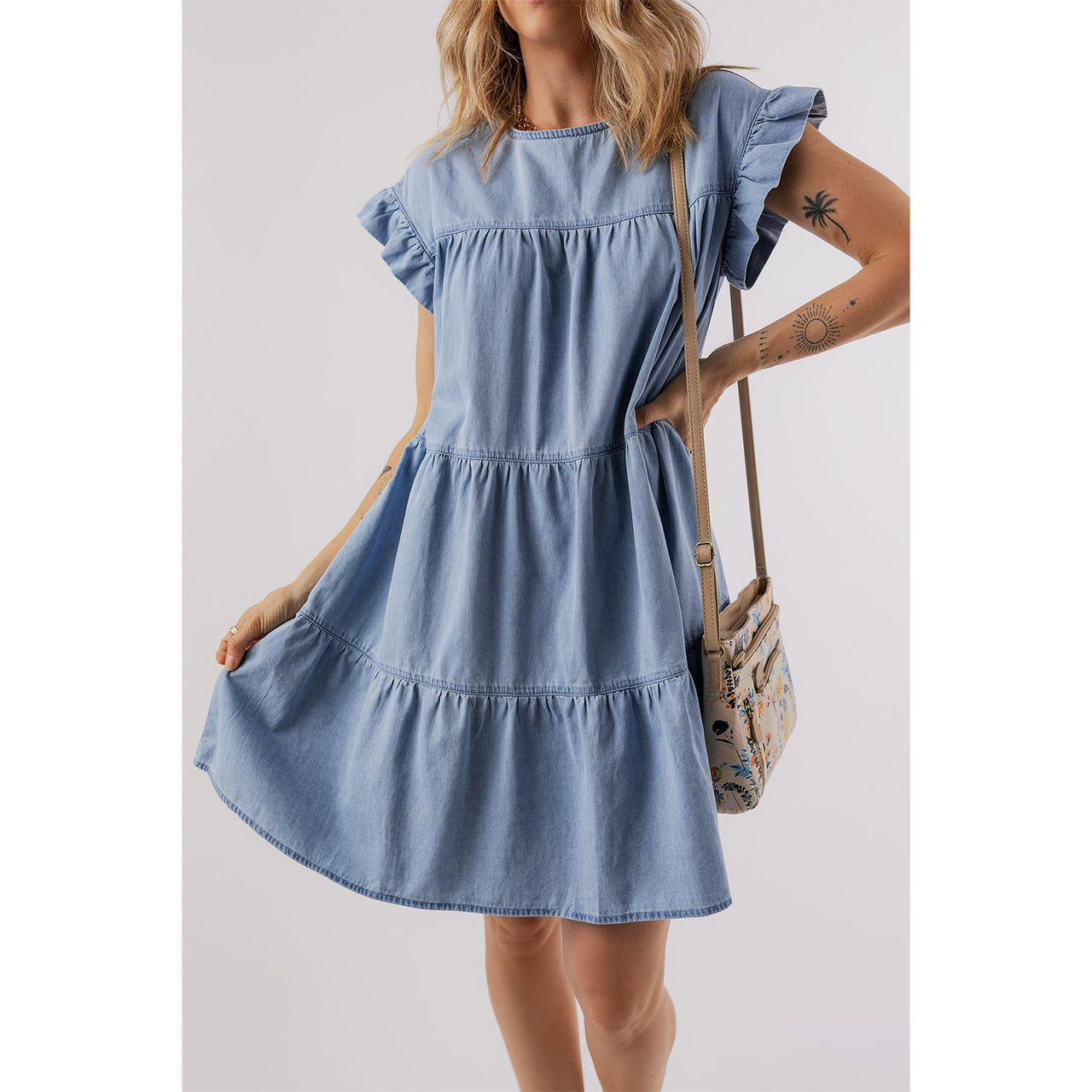 Beau Blue Ruffle Short Sleeve Tiered A-line Denim Dress - Modestly Vogue