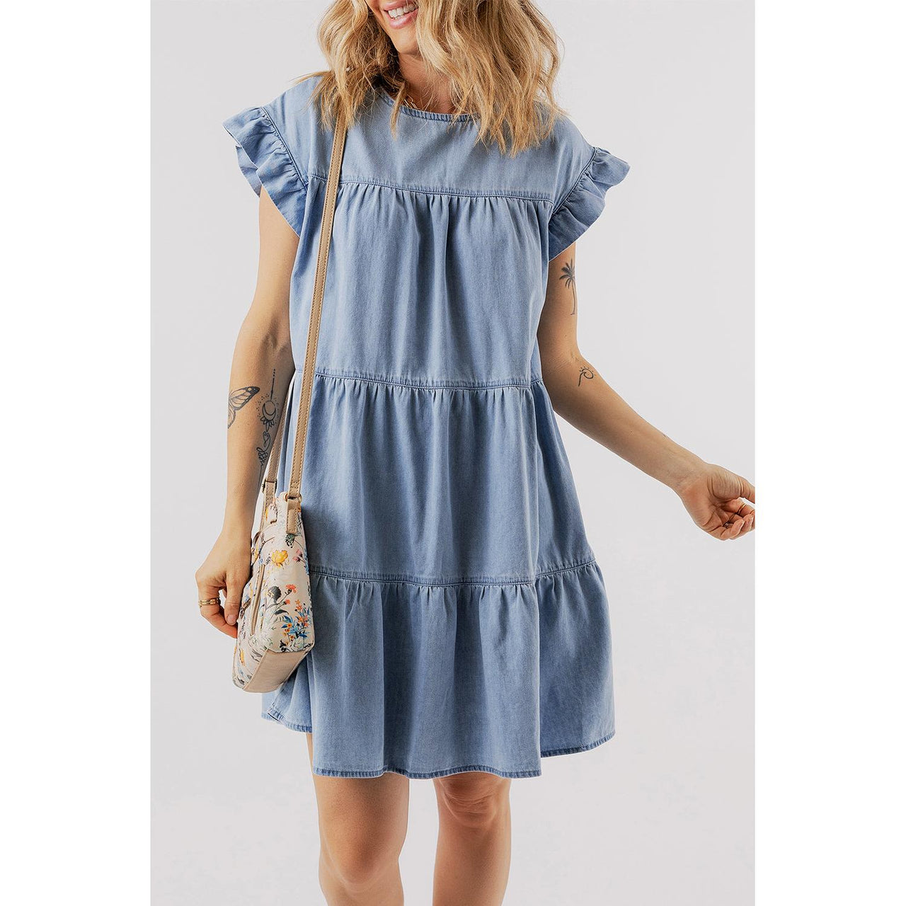 Beau Blue Ruffle Short Sleeve Tiered A-line Denim Dress - Modestly Vogue