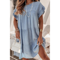 Beau Blue Ruffle Short Sleeve Tiered A-line Denim Dress - Modestly Vogue