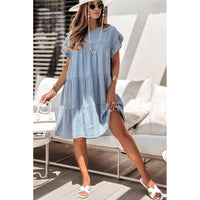 Beau Blue Ruffle Short Sleeve Tiered A-line Denim Dress - Modestly Vogue