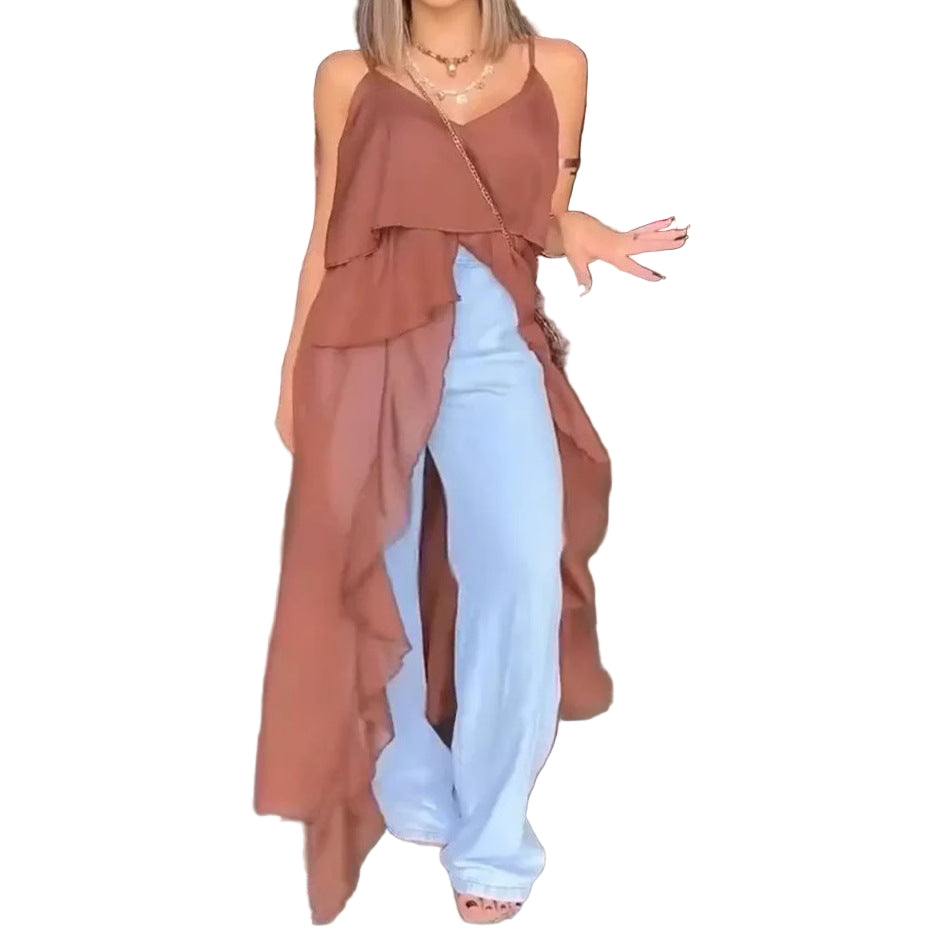 Women Clothing Spring Summer Sexy V neck Flounce Irregular Asymmetric Spaghetti Strap Dress - Modestly Vogue