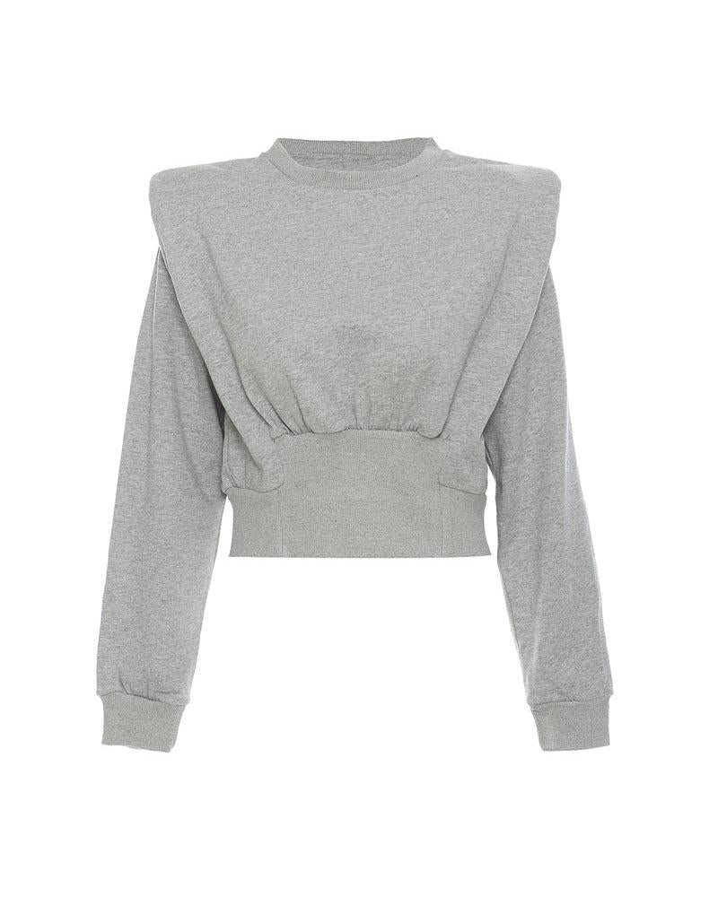 Padded Shoulder Armor Short Long Sleeve Crew Neck Sweatshirt Women