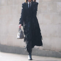 Personalized Faux Leather Tassel Embellished Mid Length Coat Windbreaker Woolen Coat