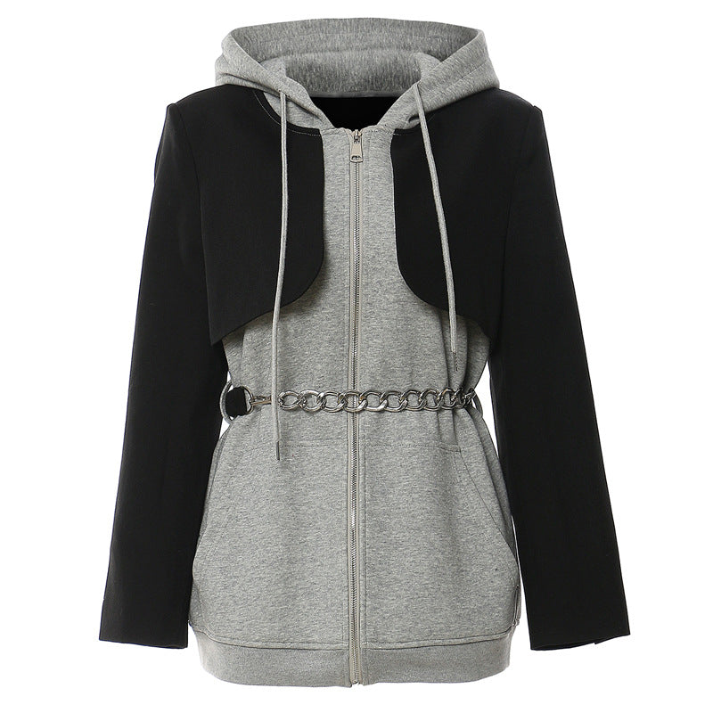 Splicing Contrast Colors False Two Piece Chain Can Be Cinched Hoodie Sweater Dress