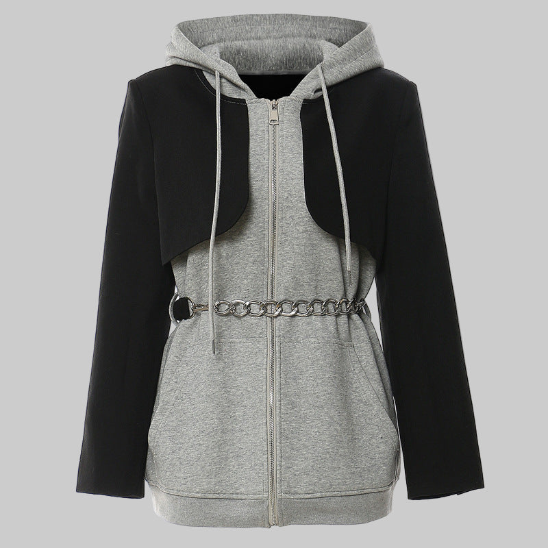 Splicing Contrast Colors False Two Piece Chain Can Be Cinched Hoodie Sweater Dress