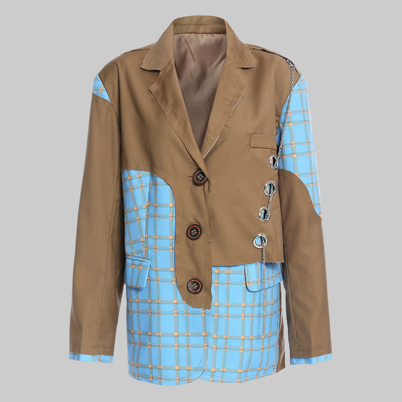 Loose Brand Stitching Plaid Corns Chain Blazer