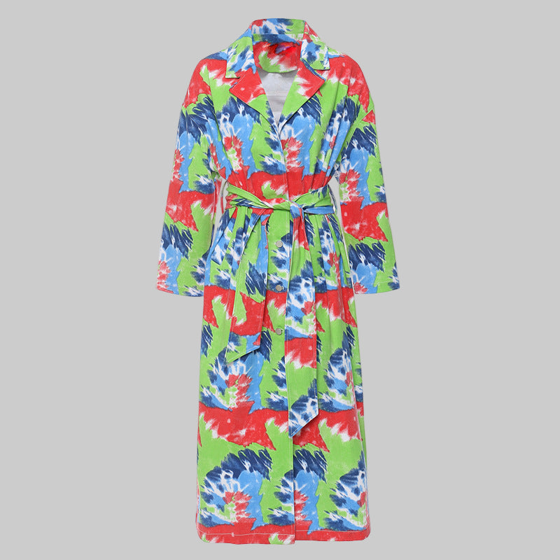 Retro Modern Cool Smart Graffiti Printing Mid Length Trench Coat Denim Coat for Women