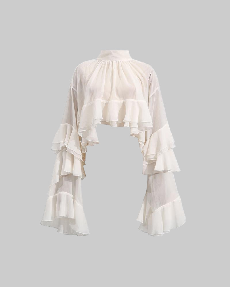 Elegant Mesh Long Sleeve Top – Wooden Ear Detail for Women - Modestly Vogue
