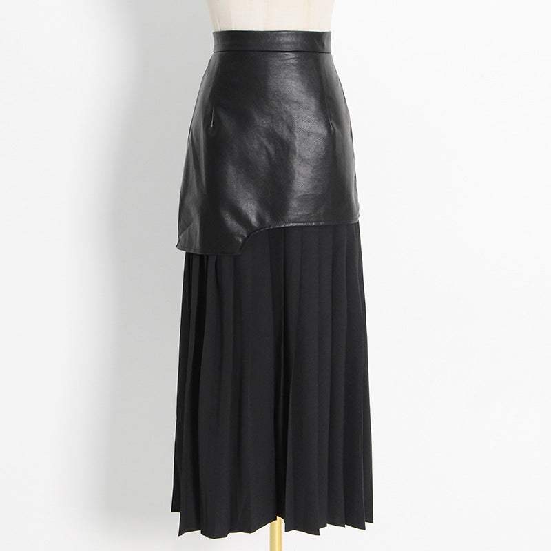 Mid Length Pleated Leather Skirt Spring High Waist Stitching Mesh Skirt Women