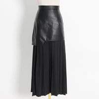 Mid Length Pleated Leather Skirt Spring High Waist Stitching Mesh Skirt Women