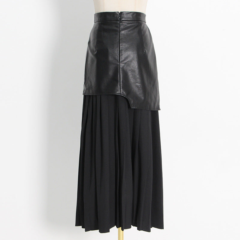Mid Length Pleated Leather Skirt Spring High Waist Stitching Mesh Skirt Women