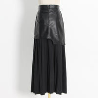 Mid Length Pleated Leather Skirt Spring High Waist Stitching Mesh Skirt Women