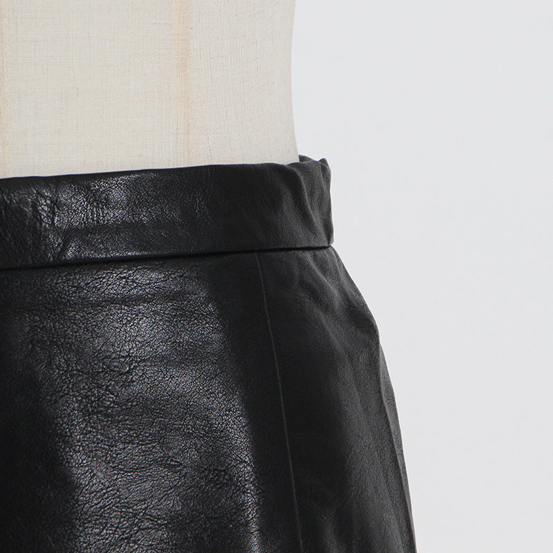 Mid Length Pleated Leather Skirt Spring High Waist Stitching Mesh Skirt Women