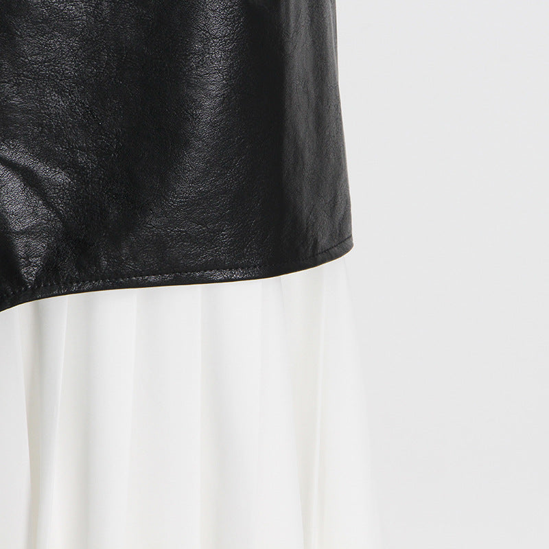 Mid Length Pleated Leather Skirt Spring High Waist Stitching Mesh Skirt Women