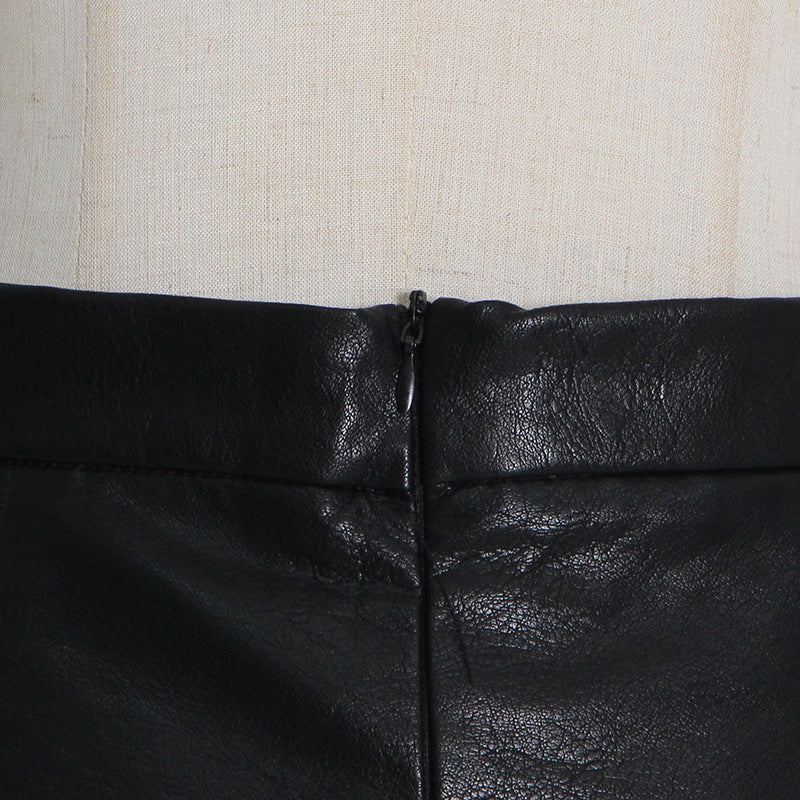 Mid Length Pleated Leather Skirt Spring High Waist Stitching Mesh Skirt Women