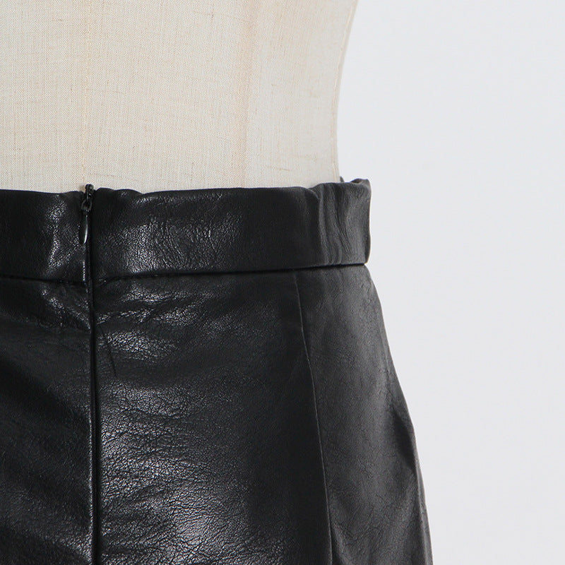 Mid Length Pleated Leather Skirt Spring High Waist Stitching Mesh Skirt Women