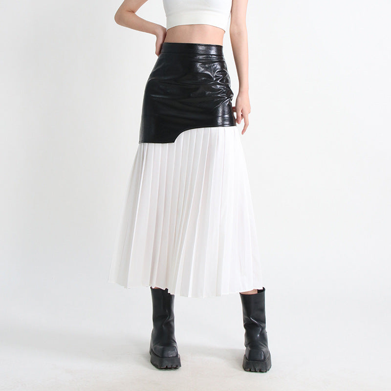 Mid Length Pleated Leather Skirt Spring High Waist Stitching Mesh Skirt Women