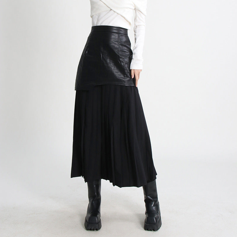 Mid Length Pleated Leather Skirt Spring High Waist Stitching Mesh Skirt Women