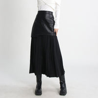 Mid Length Pleated Leather Skirt Spring High Waist Stitching Mesh Skirt Women