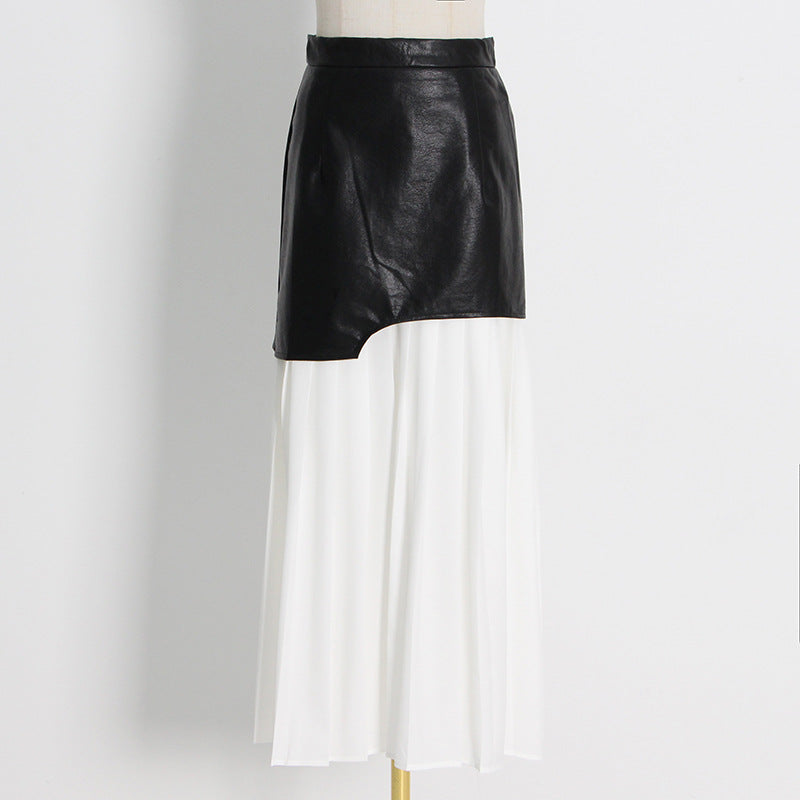 Mid Length Pleated Leather Skirt Spring High Waist Stitching Mesh Skirt Women