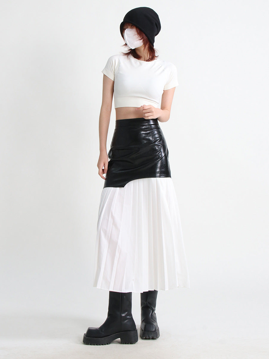 Mid Length Pleated Leather Skirt Spring High Waist Stitching Mesh Skirt Women