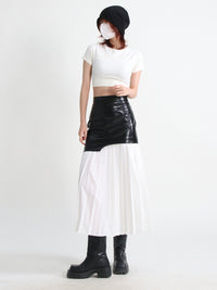 Mid Length Pleated Leather Skirt Spring High Waist Stitching Mesh Skirt Women