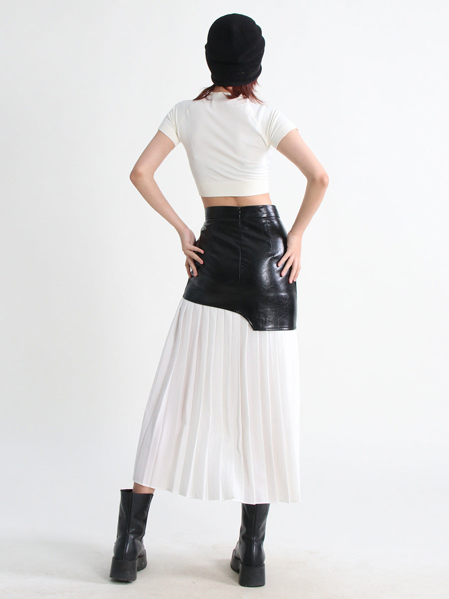 Mid Length Pleated Leather Skirt Spring High Waist Stitching Mesh Skirt Women