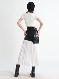 Mid Length Pleated Leather Skirt Spring High Waist Stitching Mesh Skirt Women
