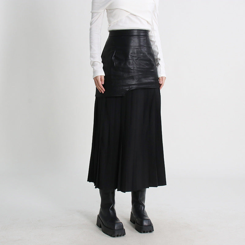 Mid Length Pleated Leather Skirt Spring High Waist Stitching Mesh Skirt Women