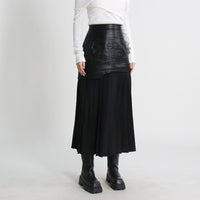 Mid Length Pleated Leather Skirt Spring High Waist Stitching Mesh Skirt Women