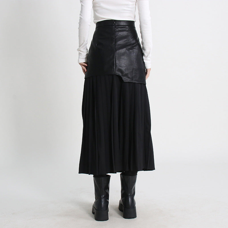 Mid Length Pleated Leather Skirt Spring High Waist Stitching Mesh Skirt Women