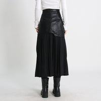 Mid Length Pleated Leather Skirt Spring High Waist Stitching Mesh Skirt Women