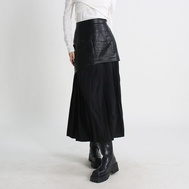 Mid Length Pleated Leather Skirt Spring High Waist Stitching Mesh Skirt Women