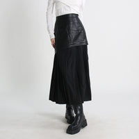 Mid Length Pleated Leather Skirt Spring High Waist Stitching Mesh Skirt Women