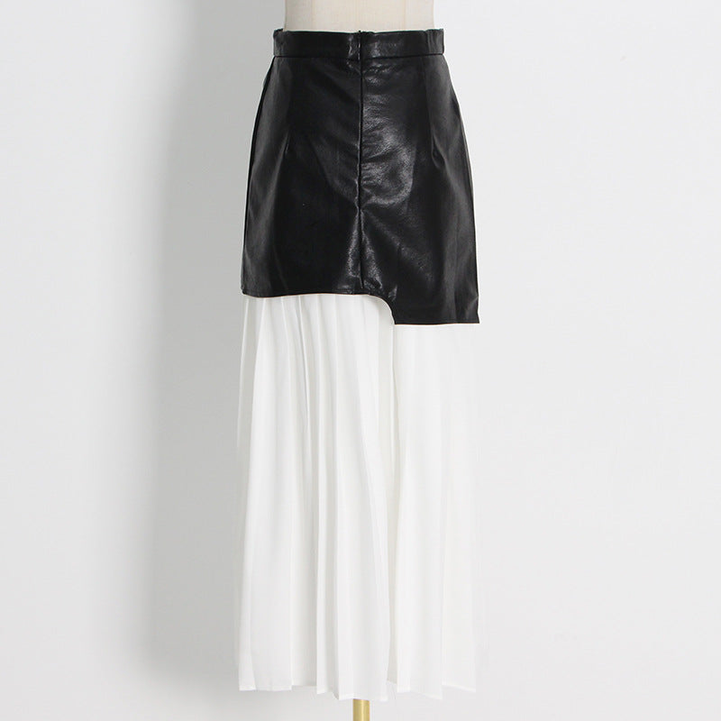 Mid Length Pleated Leather Skirt Spring High Waist Stitching Mesh Skirt Women