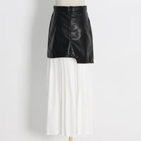Mid Length Pleated Leather Skirt Spring High Waist Stitching Mesh Skirt Women