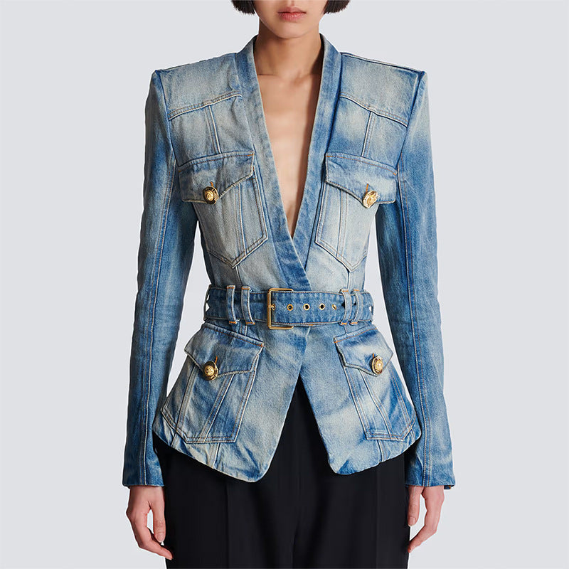Early Autumn Stars Slim Fit Belt Washed Denim Blazer Jacket