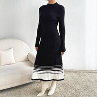 Women Clothing Underskirt Women Woolen Dress Black White Striped Pleated Dress Sweater Long Dress