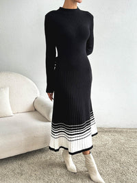Women Clothing Underskirt Women Woolen Dress Black White Striped Pleated Dress Sweater Long Dress