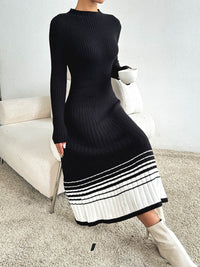 Women Clothing Underskirt Women Woolen Dress Black White Striped Pleated Dress Sweater Long Dress