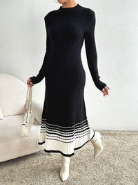 Women Clothing Underskirt Women Woolen Dress Black White Striped Pleated Dress Sweater Long Dress