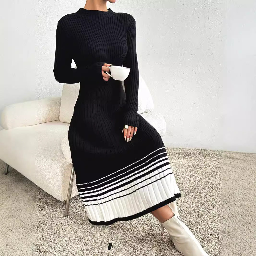 Women Clothing Underskirt Women Woolen Dress Black White Striped Pleated Dress Sweater Long Dress