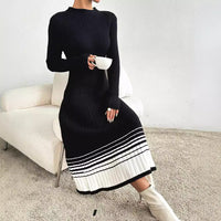 Women Clothing Underskirt Women Woolen Dress Black White Striped Pleated Dress Sweater Long Dress