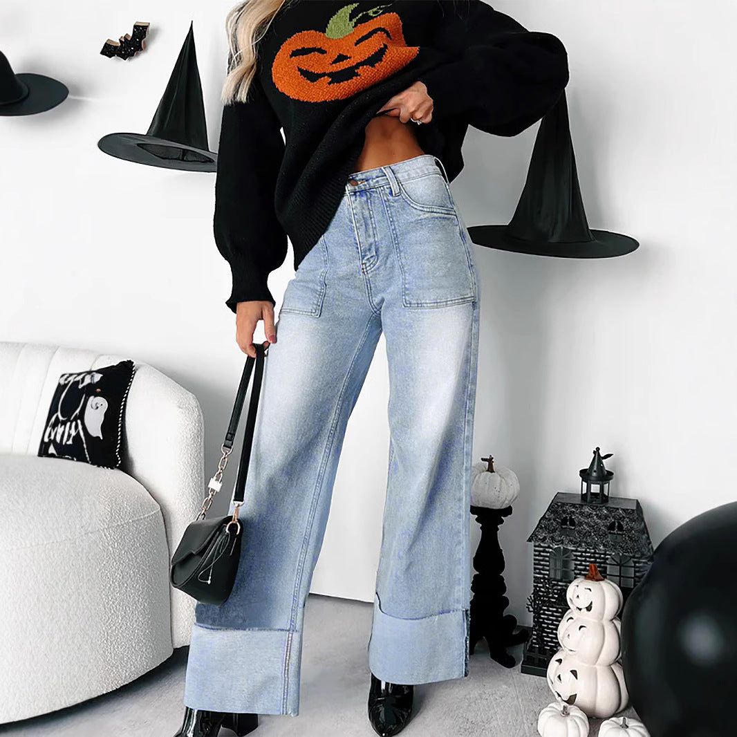 High-Waist Vintage Washed Straight-Leg Denim Pants