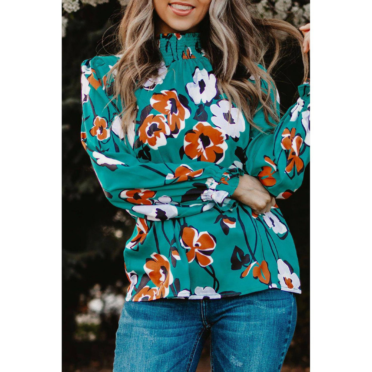 Tops Blouses Women – Blouses | Green Mock Neck Top Floral Print Long Sleeve Silk Blouse - Modestly Vogue