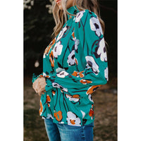 Tops Blouses Women – Blouses | Green Mock Neck Top Floral Print Long Sleeve Silk Blouse - Modestly Vogue