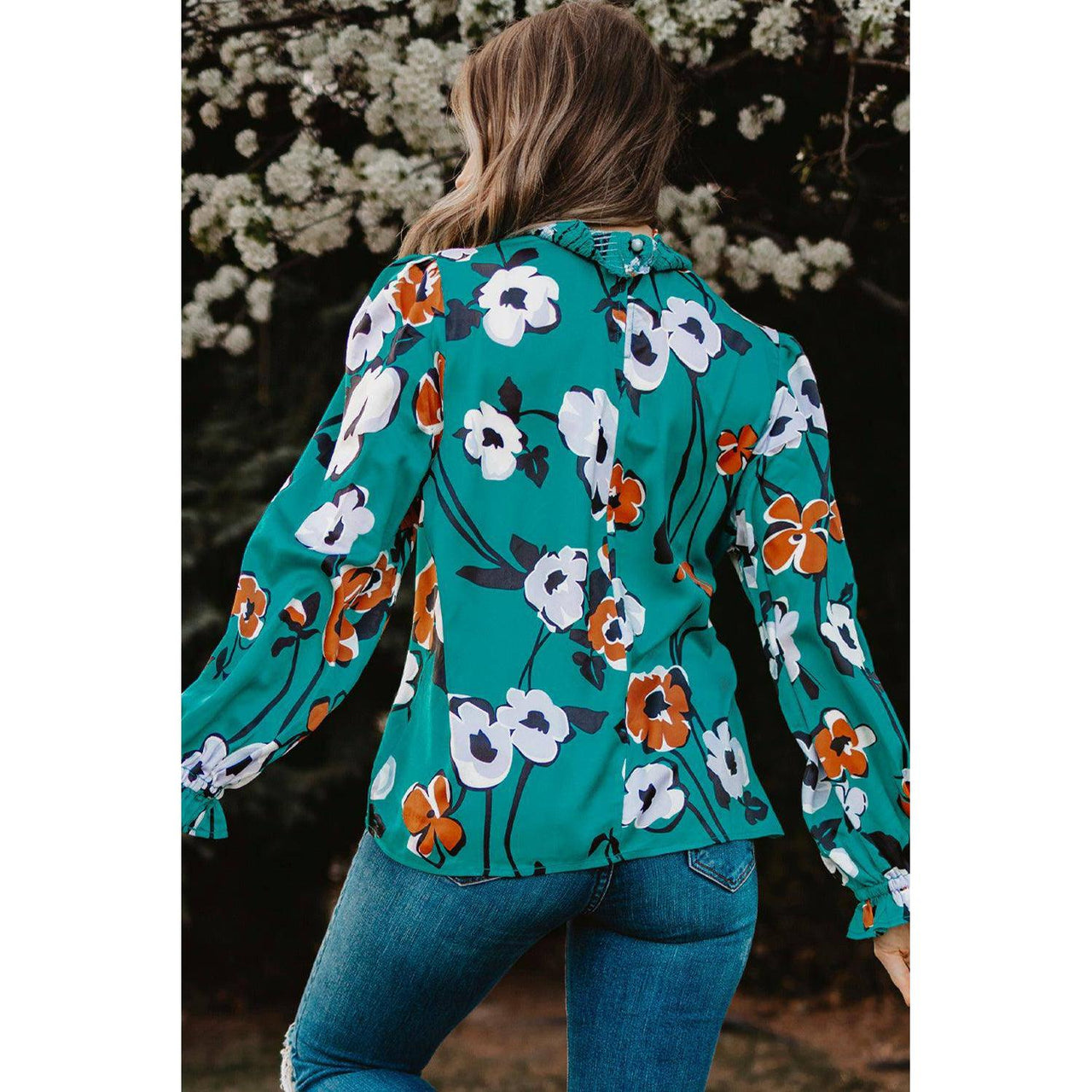 Tops Blouses Women – Blouses | Green Mock Neck Top Floral Print Long Sleeve Silk Blouse - Modestly Vogue