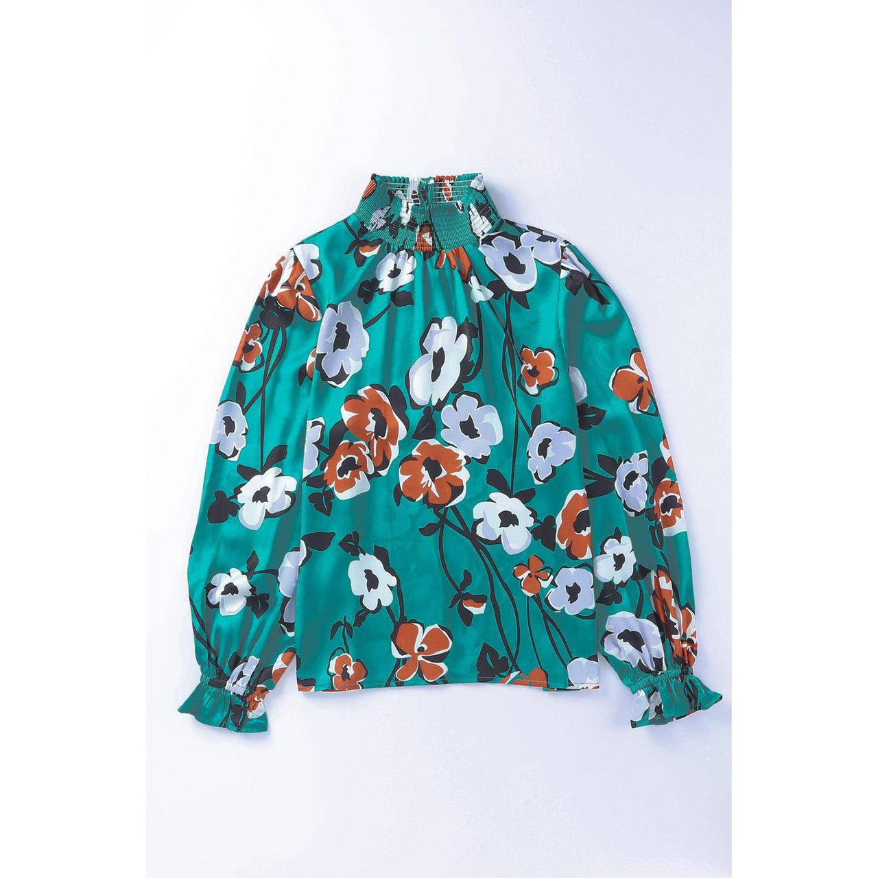 Tops Blouses Women – Blouses | Green Mock Neck Top Floral Print Long Sleeve Silk Blouse - Modestly Vogue